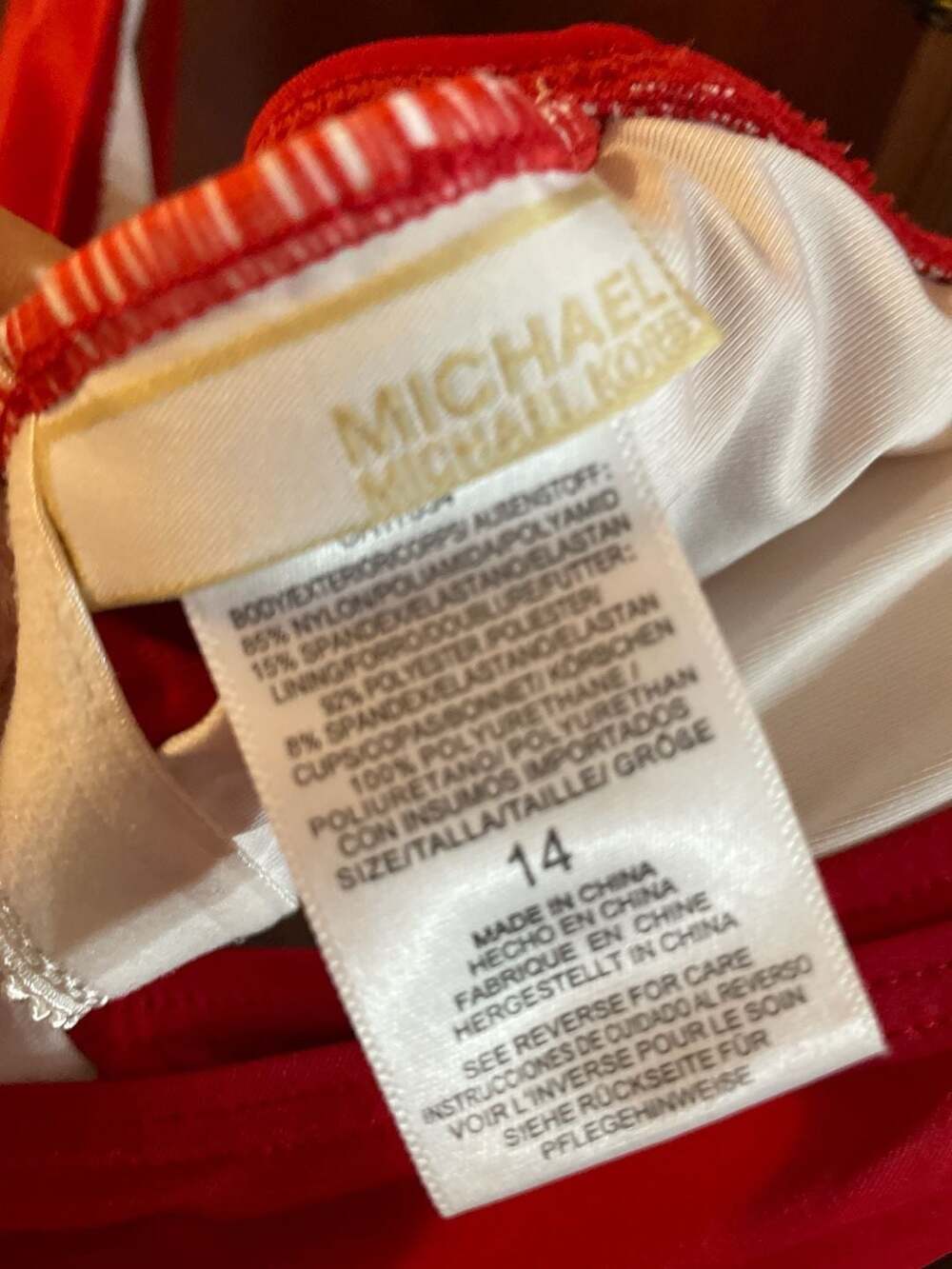 Michael Kors Red Wrap One-Piece Swimsuit with Gold MK Logo, Size 14 - Picture 7 of 7
